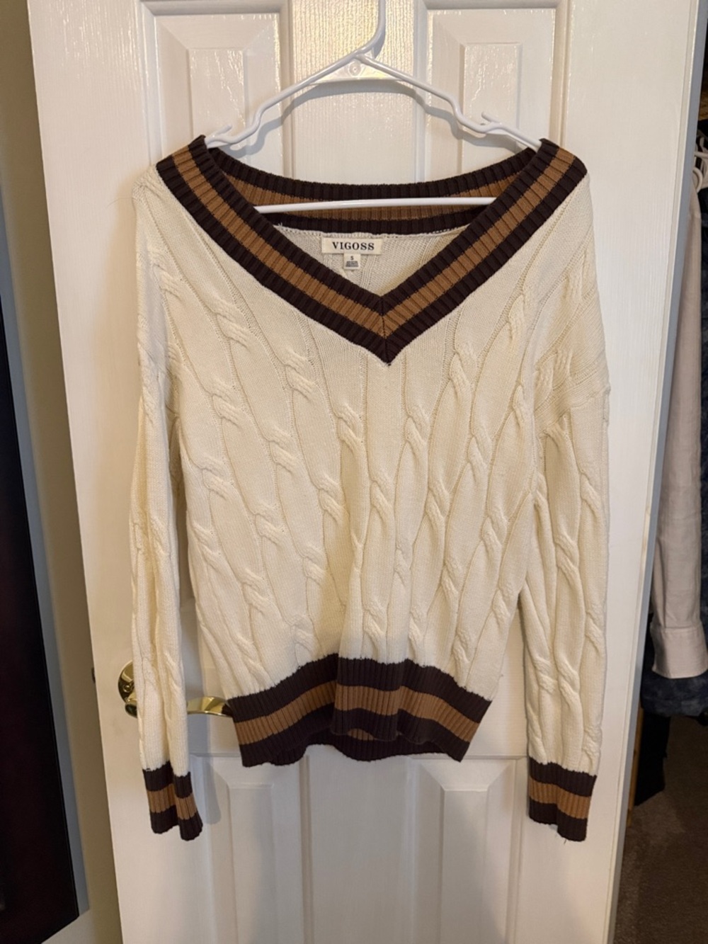 Vigoss Cream Cable Knit V-Neck Sweater with Brown Trim Accents